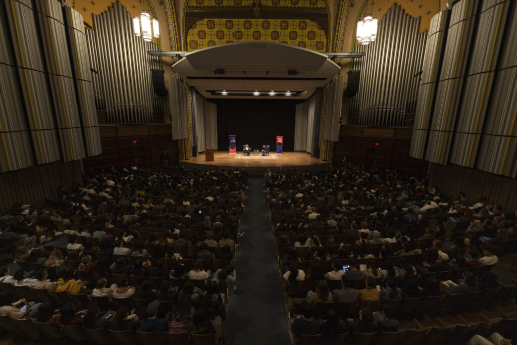 Bill Nye and Michael Mann drew a large crowd in Irvine Auditorium. Photo credit: Lisa Godfrey