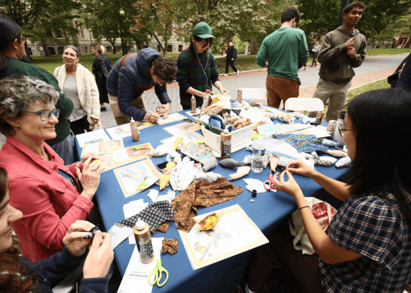 The image features people sitting at a table outside, with crafting materials to create plush birds.
