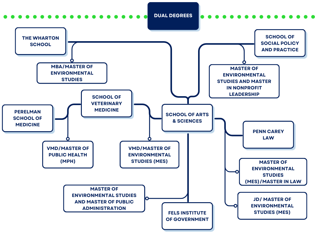 A flowchart representing dual degrees available at various Penn schools.
